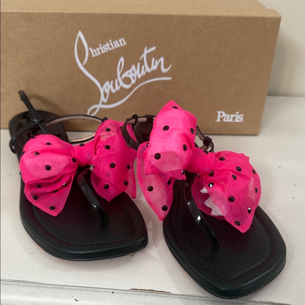 Christian Louboutin Black Sandals with Bright Pink Polka Dot Bow